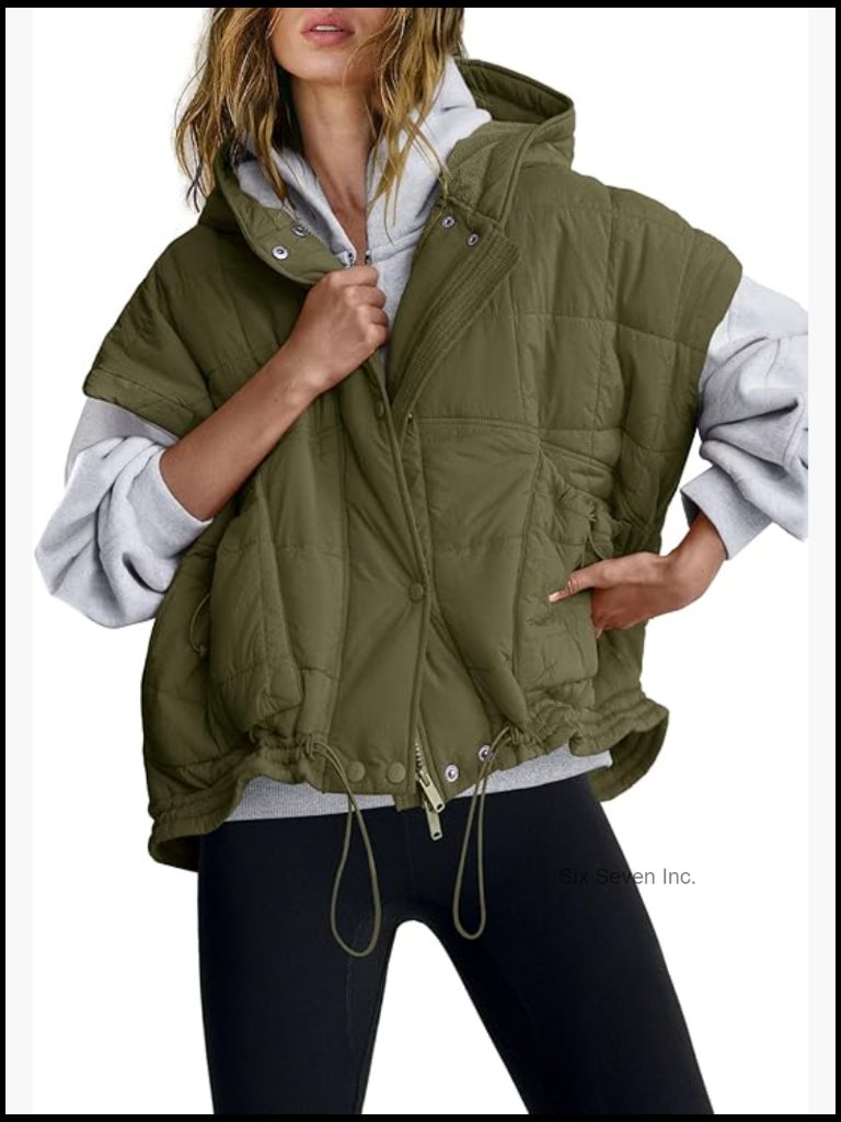 Oversized Puffer Vest Sleeveless Quilted Jacket With Hood Full Zip Poncho